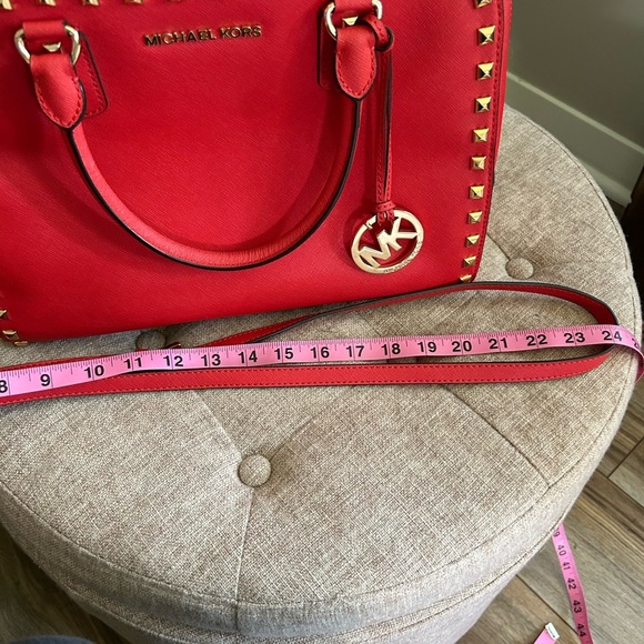 MICHAEL KORS Sandrine Gold Studded Satchel‎ Shoulder Bag/Purse Red - Picture 13 of 13